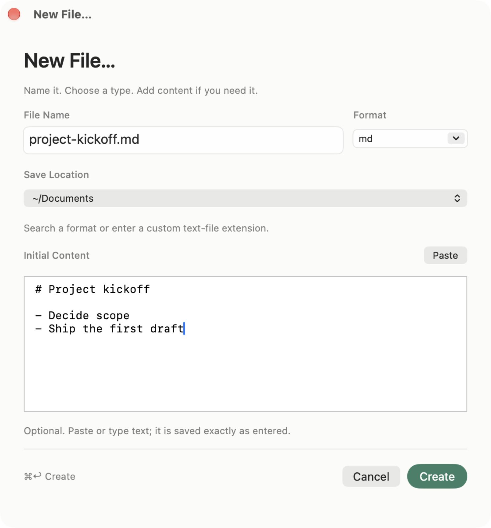 FileMint New File panel with project-kickoff.md and starter content