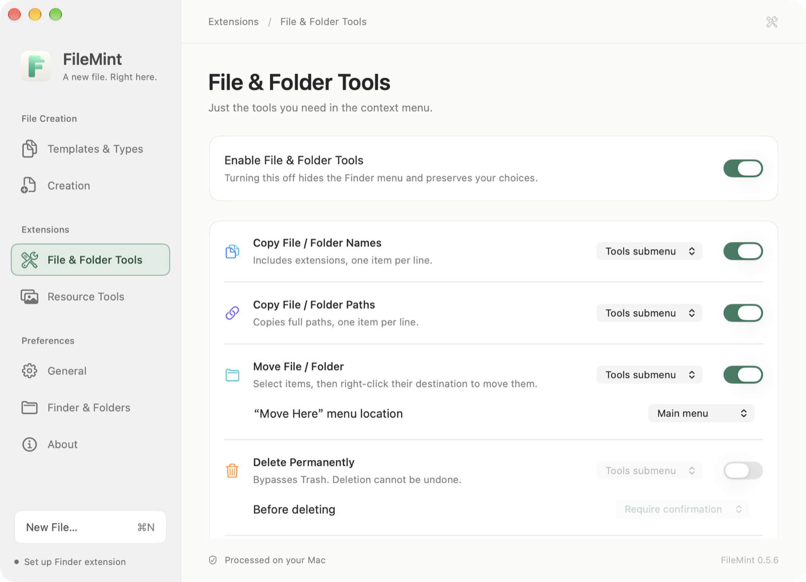 FileMint File and Folder Tools settings with menu placement and individual switches